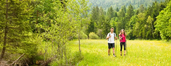 Aktif Genç Bir Çift Doğa Yürüyüşü Yapıyor Tepe Dağa Tırmanıyor — Stok fotoğraf