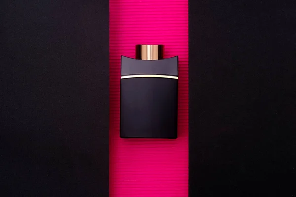 Black Perfume Bottle Onblack Pink Background Concept — Stock Photo, Image