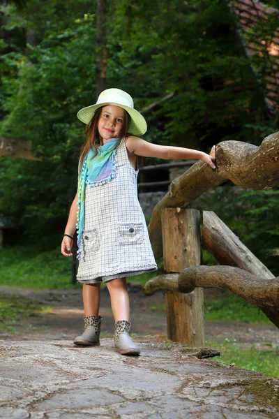 Menina Bonita Vestido Colorido Pela Cerca Fica Caminho Floresta — Fotografia de Stock