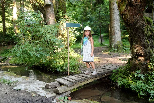 Piękna Dziewczynka Uśmiechem Twarzy Stoi Leśnym Moście Lesie — Zdjęcie stockowe