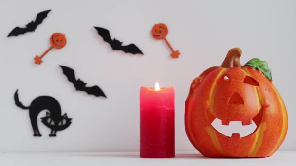 Halloween concept. Jack-o-lantern and glowing candle against background with bats and black cat — Stock Video