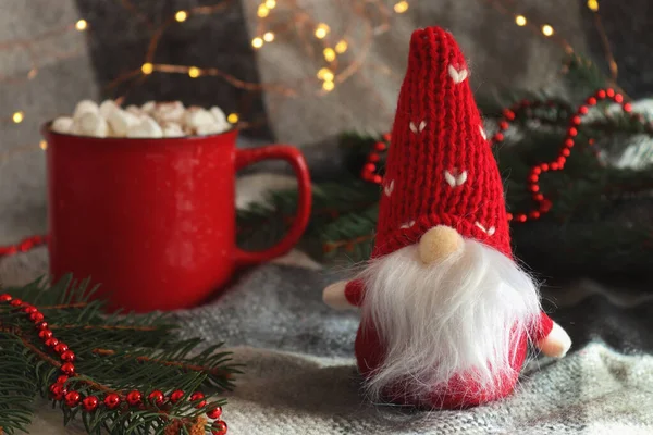 Oyuncak cüceli komik Noel kartı, bir fincan şekerli sıcak çikolata ve köknar ağacı dalları..