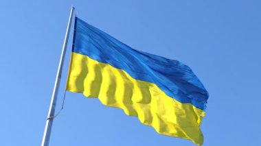 Ukrayna 'nın ulusal bayrağı mavi gökyüzüne karşı rüzgarda dalgalanıyor. Ulusal sembol.