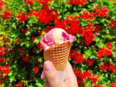 Çiçekli arka planda bir kadının elinde waffle külahında dondurma eritmek. Yaz havası. Seçici odak.