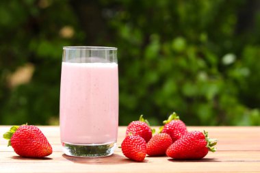 Çilekli smoothie veya milkshake, yemyeşil foliage karşı. Yazlık içecekler, açık havada. Seçici odak.
