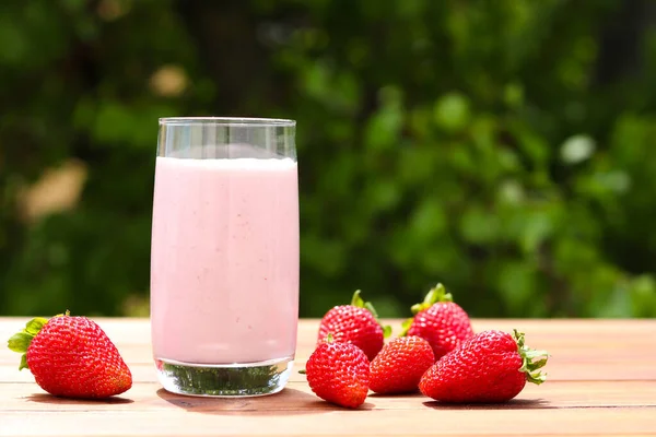 Strawberry Smoothie Milkshake Lush Folliage Summer Drinks Outdoor Selective Focus —  Fotos de Stock