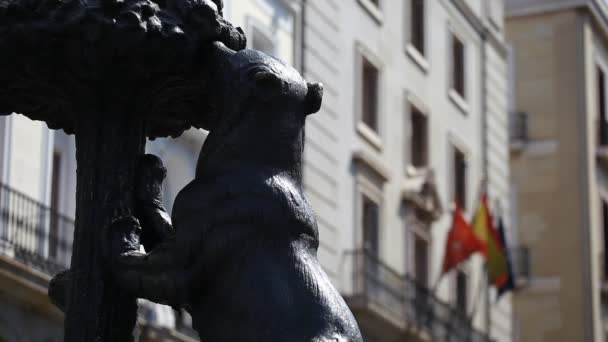 Symbolem Madridu. socha medvěda, puerta del sol, Španělsko. — Stock video