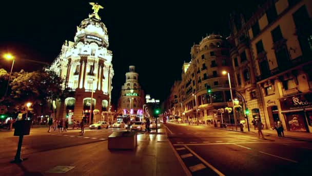 Gran via street in Madrid, Spain at night. Time Lapse — Stock Video