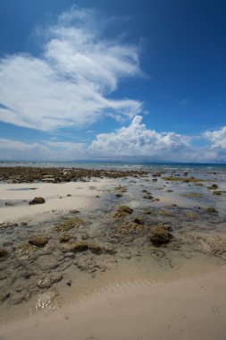 düşük tide ve mavi gökyüzü ve mercan sahilde beyaz bulutlar. Andaman Adaları.