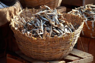 Dried fish, seafood product at market from India clipart