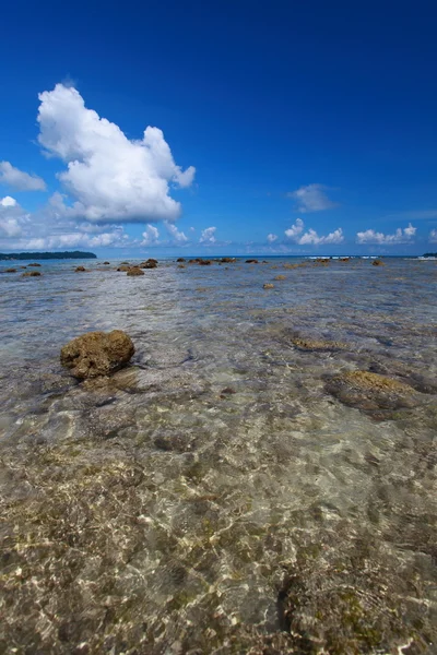 低浪潮和蓝蓝的天空和洁白的云朵在珊瑚海滩上。安达曼群岛. — 图库照片