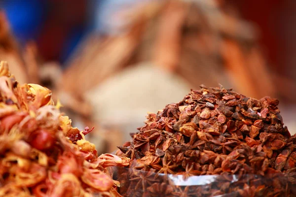 Traditionella kryddor och torkad frukt i lokala basaren i Indien. — Stockfoto