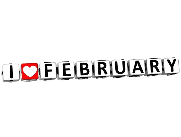 3D I Love February Button Click Here Block Text — Stock Photo, Image