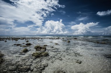 şeffaf deniz suyu ve mavi gökyüzü bulutlu