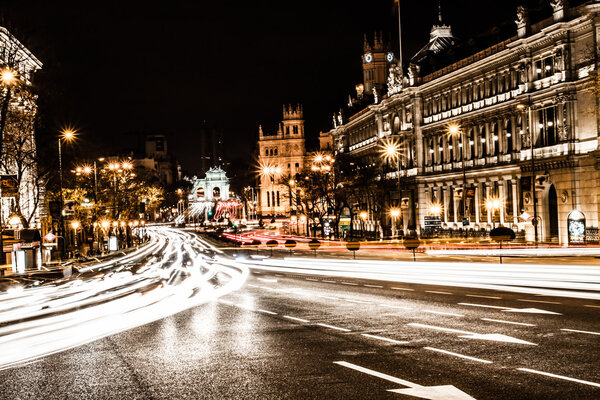 Street traffic in night Madrid, Spain ( HDR image )