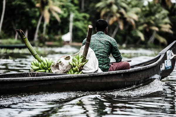 Casa barco em águas secundárias perto de palmeiras em Alappuzha, Kerala, Índia — Fotografia de Stock