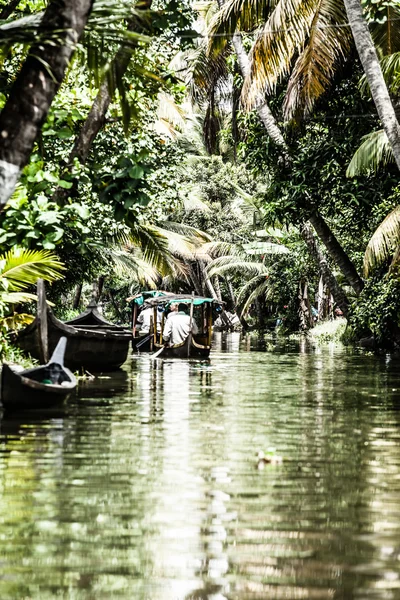 Woonboot in backwaters in de buurt van palmen in alappuzha, kerala, india — Stockfoto