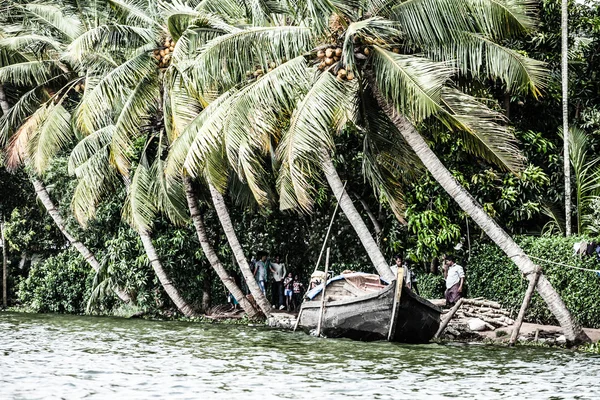 Hausboot in Backwaters nahe Palmen in alappuzha, Kerala, Indien — Stockfoto