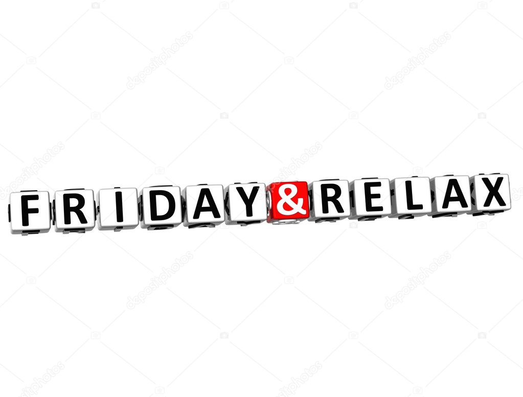 3D Friday and Relax Crossword Block text on white background