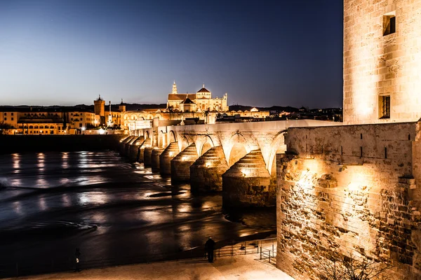 Római híd, a guadalquivir-folyó és a nagy mecset (mezquita katedrálistól) Twilight cordoba, Andalúzia, Spanyolország városában. — Stock Fotó
