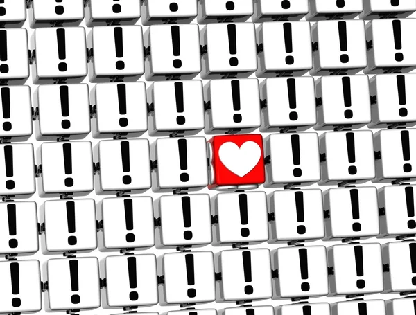 3D Heart Sign inside exclamation marks blocks — Stock Photo, Image