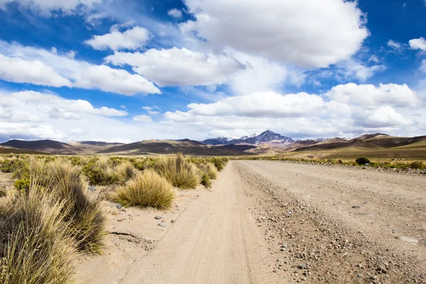 Deserto e montanha sobre céu azul e nuvens brancas no Altiplano, Bolívia — Fotografia de Stock