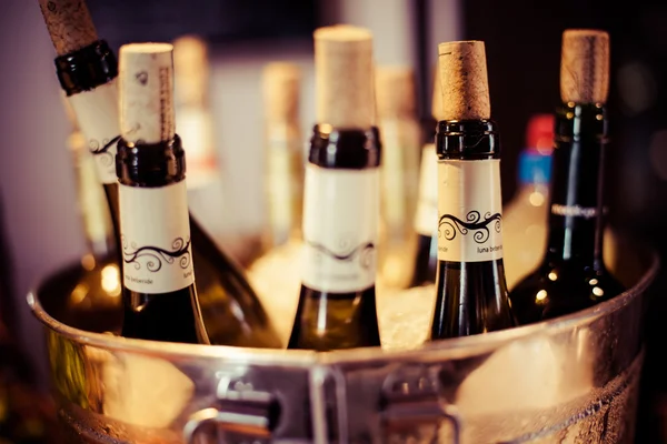 Vinotéka ízű létrehozott tálca díszítése palackok étteremben — Stock Fotó