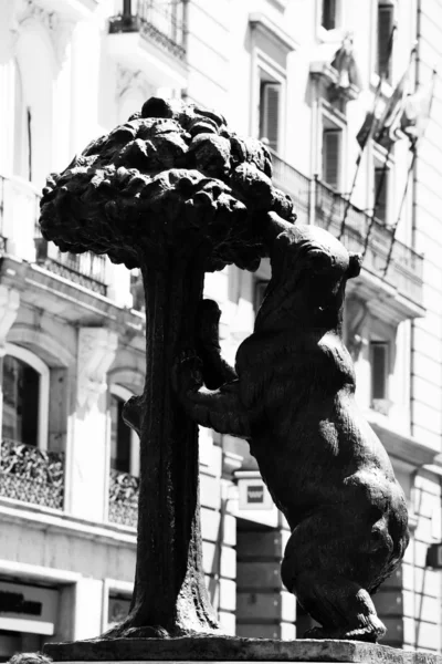 Symbol Madridu. Socha medvěda a jahodníku, Puerta del Sol, Španělsko. — Stock fotografie