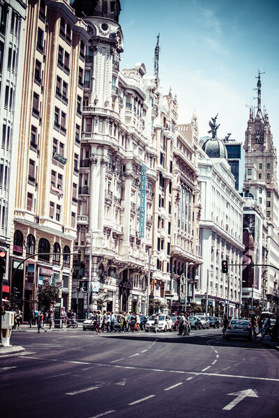 Buildings situated on representative Gran Via street, Madrid.