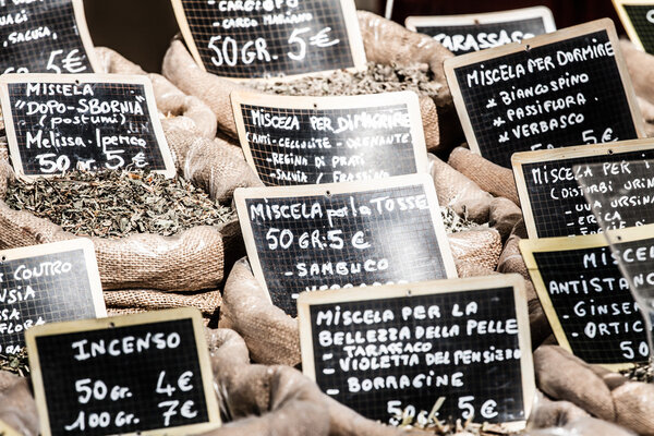 Dried herbs flowers spices in the Spanish street shop