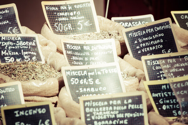 Dried herbs flowers spices in the Spanish street shop