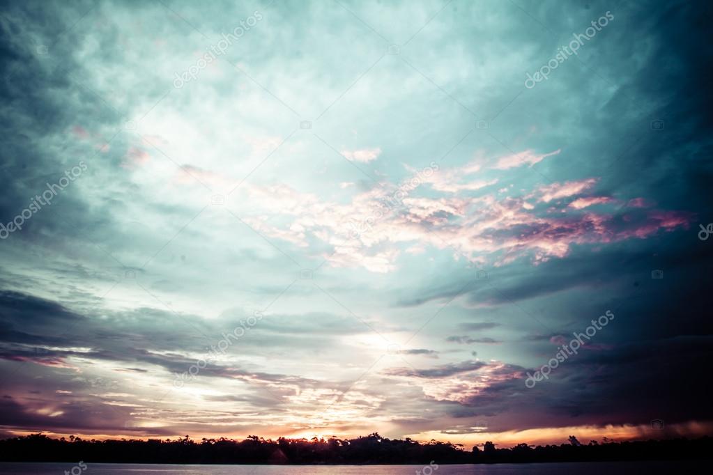 Sunset on the Amazon river, Brazil