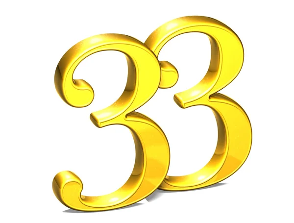 3D złoty numer trzydzieści trzy na białym tle — Zdjęcie stockowe