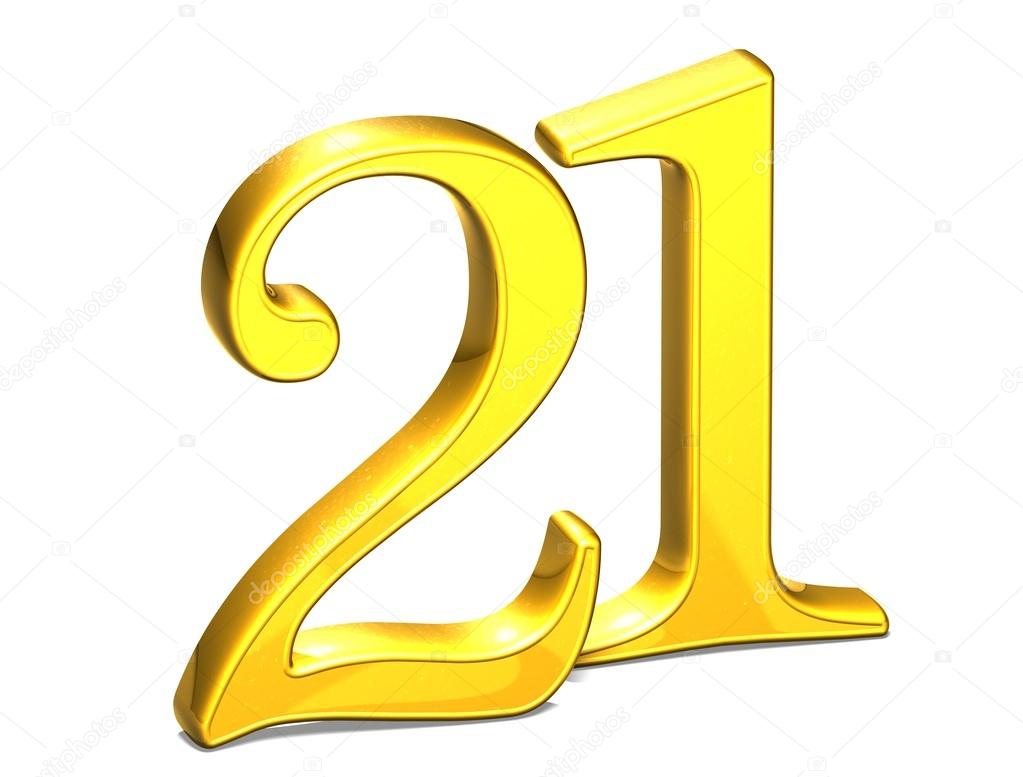 3D Gold Number twenty-one on white background Stock Photo by