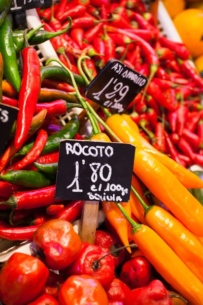 赤と緑のピーマンを掛けて乾かす la boqueria のバルセロナの市場 — ストック写真