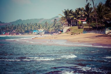 Anjuna çıkarken üzerinde gelgit ile beyaz plaj panorama ıslak kum ve yeşil Hindistan cevizi avuç içi, goa, Hindistan