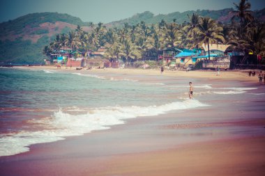 Anjuna çıkarken üzerinde gelgit ile beyaz plaj panorama ıslak kum ve yeşil Hindistan cevizi avuç içi, goa, Hindistan