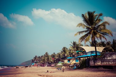Anjuna çıkarken üzerinde gelgit ile beyaz plaj panorama ıslak kum ve yeşil Hindistan cevizi avuç içi, goa, Hindistan