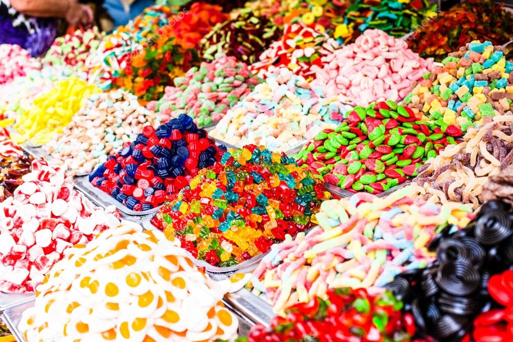 Market stall full of candys in local Israel market.