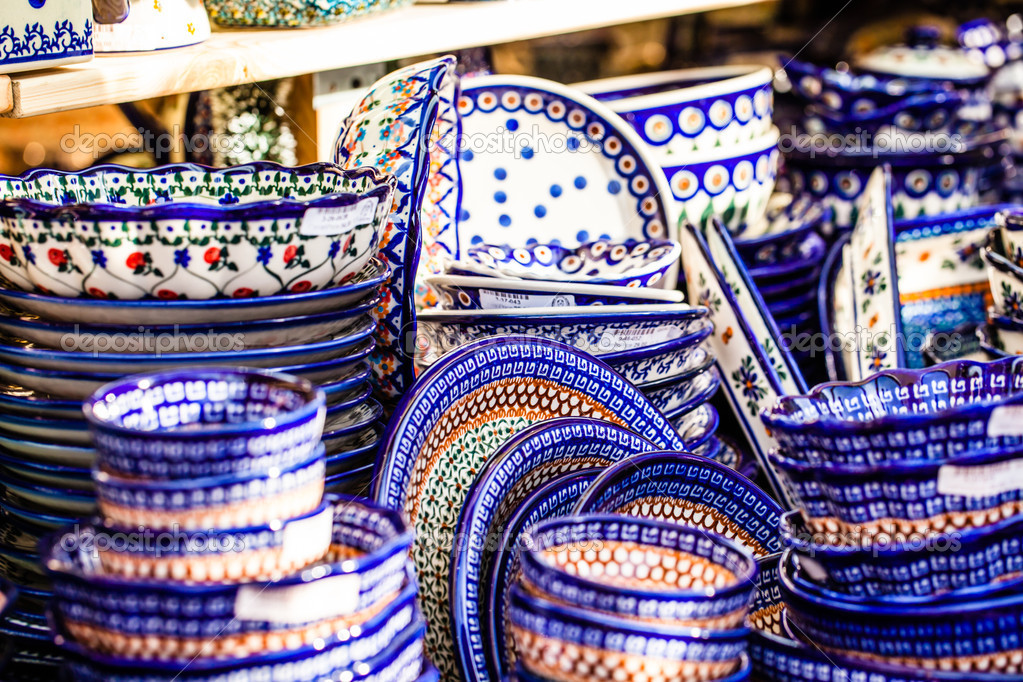 Colorful ceramics in traditonal polish market.