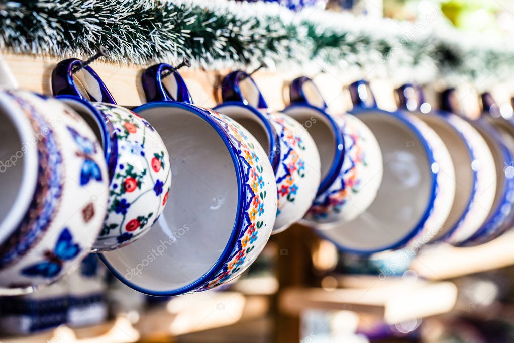 Colorful ceramics in traditonal polish market.