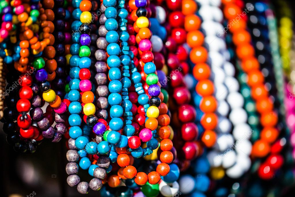 Wooden colored beads on display on the market in Zakopane, Poland