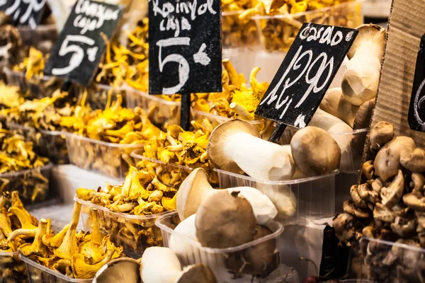 Champiñones en un stand en el Mercado de la Boquería, en Barcelona, España . —  Fotos de Stock