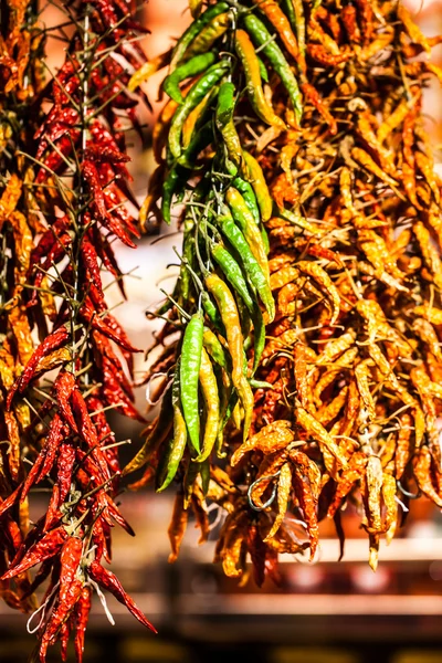 Red Chili Peppers hanging. Close up. — Stock Photo, Image