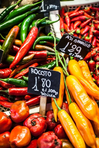 Červené a zelené papriky zavěšené v la boqueria trh barcelona — Stock fotografie