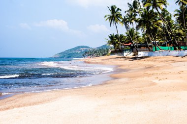 Anjuna çıkarken üzerinde gelgit ile beyaz plaj panorama ıslak kum ve yeşil Hindistan cevizi avuç içi, goa, Hindistan