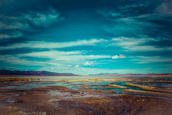 沙漠和山区在蓝蓝的天空和洁白的云朵上高原，玻利维亚 — 图库照片