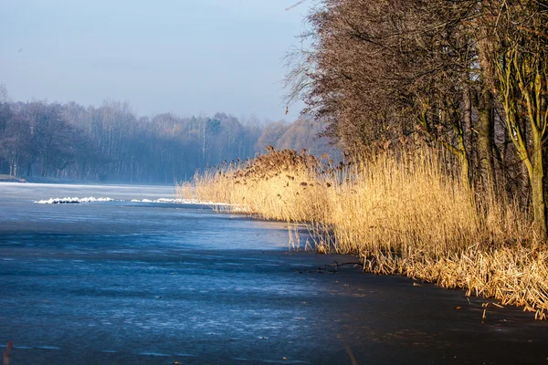 Traditional polish landscape in winter, frozen lake. — Stock Photo, Image