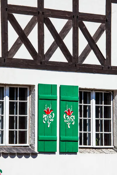 Typical germany windows with green shutters and window box — Stock Photo, Image