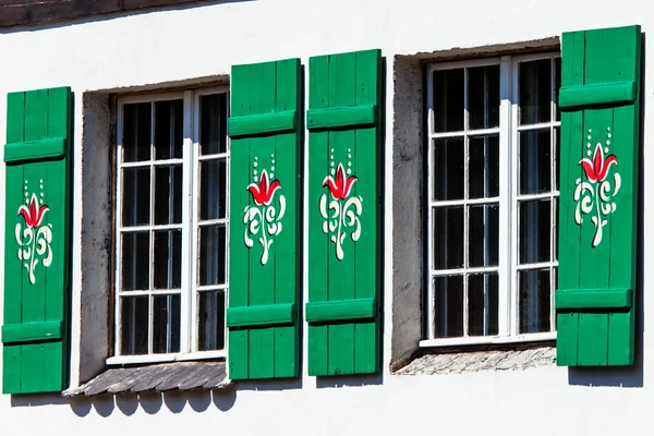 Typical germany windows with green shutters and window box — Stock Photo, Image